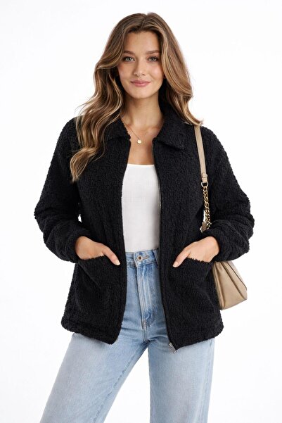 Polo State Women's Full Zip Pocket Detailed Sherpa Jacket Coat Black