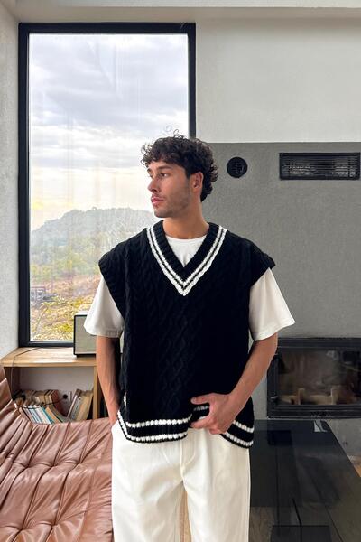 Flaw Wear Hair Braided V-Neck Knitwear Sweater Black