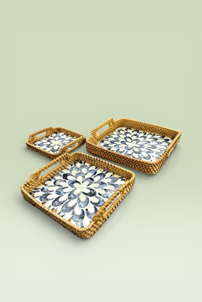 Evsun Home Collection 3-Piece Pearlescent Glass Rattan Tray Brown 28X28 25X25...