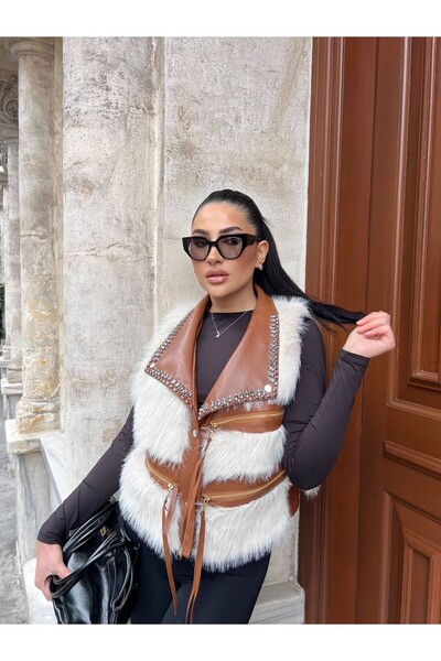 cottonage Special Design Stoned Zippered Fur Vest