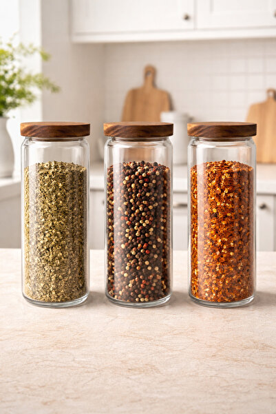 Kitchen Way Acacia Gasket Lid 3-Piece Borosilicate 1500ml Jar Set Kw-786