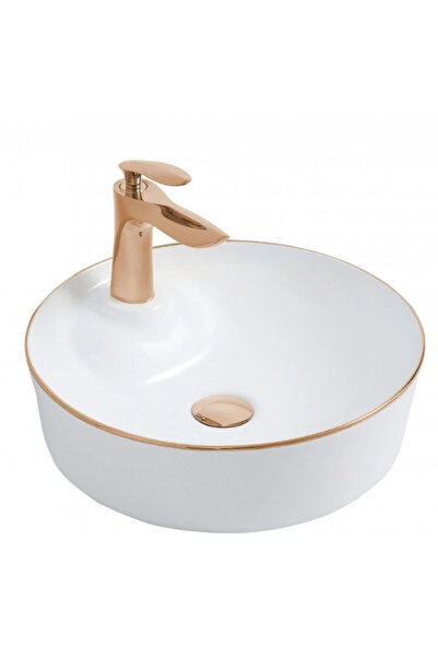 Fualora Seramik Çanak Lavabo Batarya Delikli 43*43*13 cm Rose Gold-Beyaz