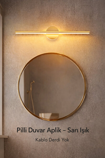 luxshome Yapışkanlı 9V Pilli LED Gold Gün Işığı Duvar Aplik 35 cm Tablo Ayna ...