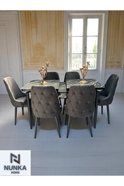 NUNKA HOME Şato Serisi Mutfak ve Salon Yemek Masası Takımı Antrasit +6 Sandal...