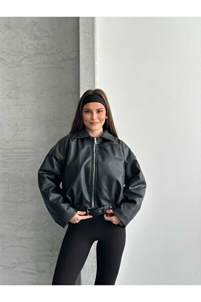 gm giyimarket O Oversized Women's Leather Jacket with Plush Detailing and Fur...