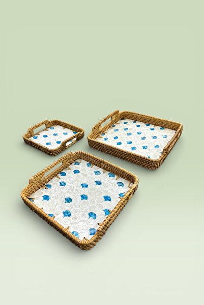 Evsun Home Collection 3-Piece Pearlescent Glass Rattan Tray Brown 28X28 25X25...