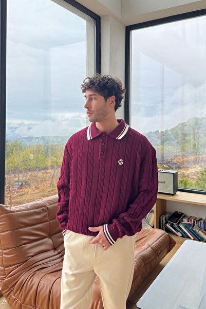 Flaw Wear Hair Braided Polo Neck Knitwear Sweater Burgundy