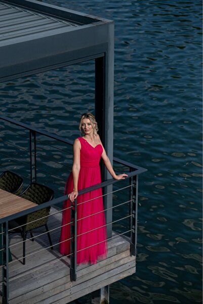 Anastasia Atelier Magenta pink tulle evening dress with embroidery