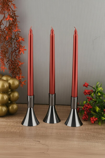 TR Turan Collection PURE 3'lü Şamdan Seti Küçük Platin Renk Dekoratif Metal M...