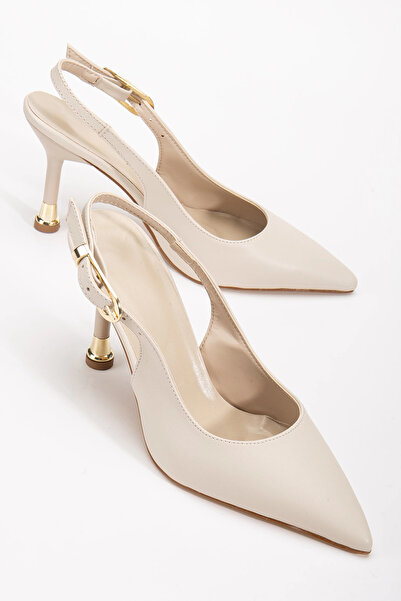 oless Women's Beige Leather Buckle Pointed Stylish Heeled Stiletto Shoes