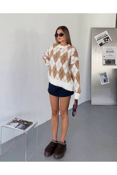 Asel Brown Patterned Crew Neck Oversized Knitwear Sweater