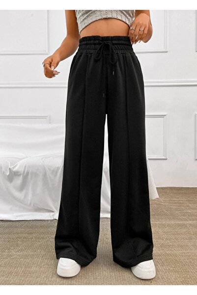 Hera Moda Women's Black Extra High 2 Thread Wide Leg Sweatpants