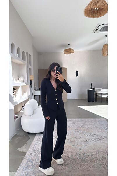 Buket Teke Navy Blue Thessaloniki Knitwear Zr Model Cardigan Pants Set