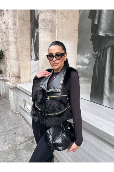 cottonage Special Design Stoned Zippered Fur Vest