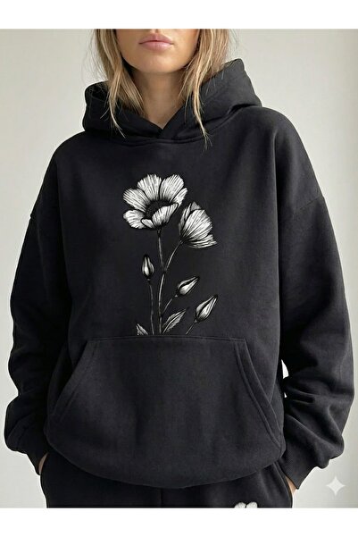 PENTHİLUS Women's Flower Printed Oversized Tracksuit Set-3 Thread Bottom-Top Set