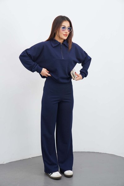 DI LORIA Women's Navy Blue Color Tracksuit Set Oversized Zippered Sweatshirt Pants