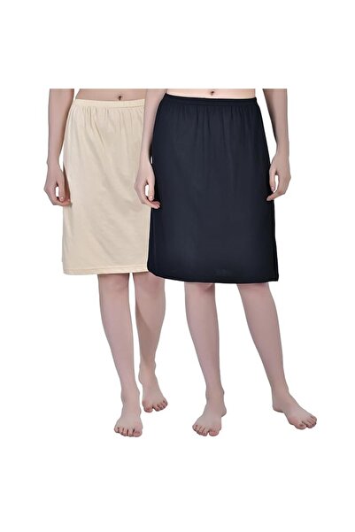 AIMLY Women's Cotton Knee Length Skirt - Black & Beige (Pack of 2)