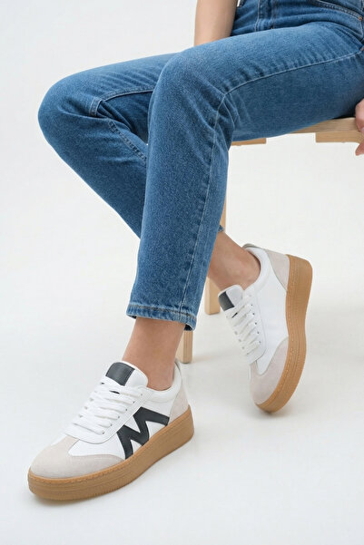 Bak Store White Black Lace-Up Flat Sole Women's Sports Shoes Sneaker