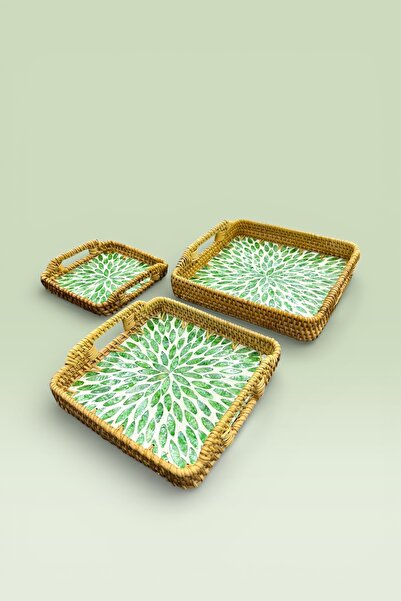 Evsun Home Collection 3-Piece Pearlescent Glass Rattan Tray Brown 28X28 25X25...