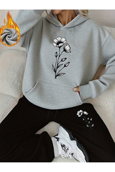 PENTHİLUS Women's Flower Printed Oversized Tracksuit Set-3 Thread Bottom-Top Set