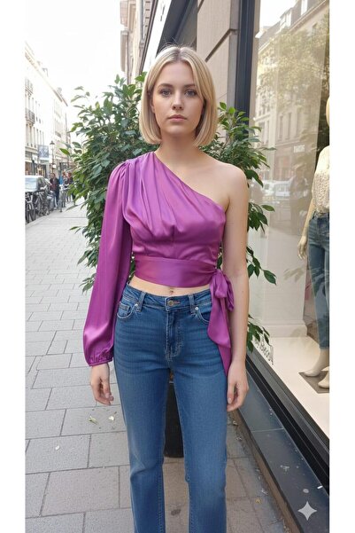 MODAMETRE Women's One-Shoulder, Belted, Side Zipper Closure, Lined Satin Blouse