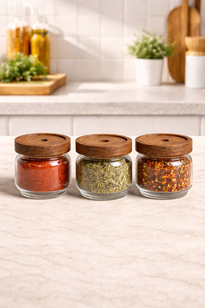 Kitchen Way طقم برطمانات بوروسيليكات 300 مل مكون من 3 قطع مع غطاء من الأكاسيا...