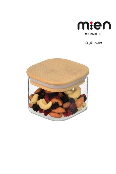 MİEN 6 Pieces Square Bamboo Lid Glass Storage Container 8X6 cm