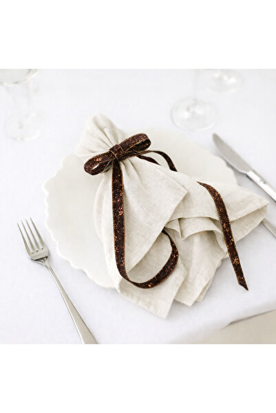 arredamento Kadife Kurdeleli Peçete Yüzüğü Kahverengi Simli Renk – 4’lü Set