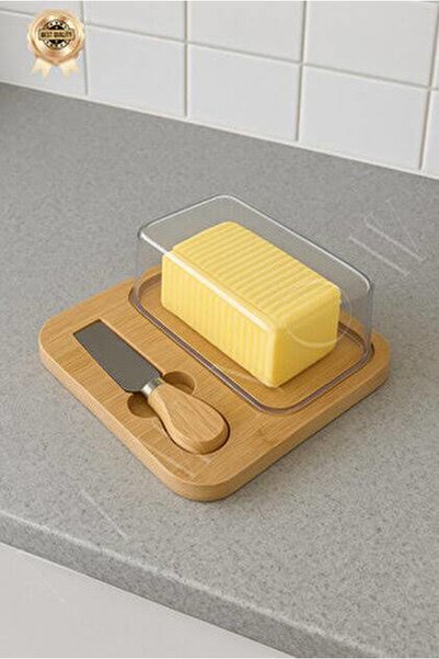 Hane216 Doğal Bambu Bıçaklı Peynir ve Tereyağ Servis Sunum Tabağı Plastik Kap...