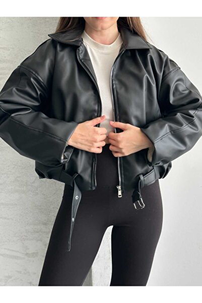 gm giyimarket O Oversized Women's Leather Jacket with Plush Detailing and Fur...