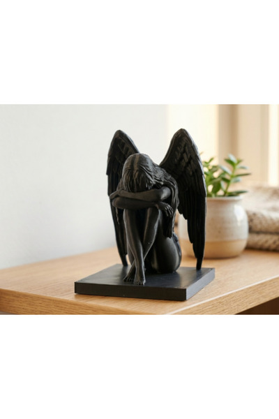 Kahramanmaraş 3D Ağlayan Melek Heykeli - Dekoratif Kanatlı Figür - 15 cm Siyah