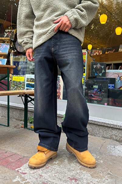 Flaw Wear Vintage Style Striped Baggy Jeans Dark Navy Blue