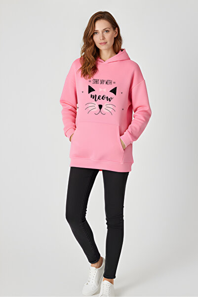 Windy Island Women's'Meow' Cat Printed 100% Cotton Pink Oversized Sweatshirt