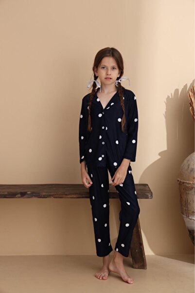 maykids Girl's Navy Blue Polka Dot Long Sleeve Pajama Set