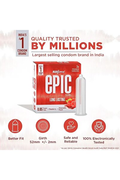 Manforce Epic Pleasure - Super Thin, Raspberry Flavour, Disposable Pouch, 3 pcs