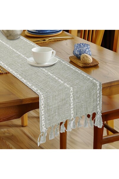 Dentelles Traversă Masă Rustic-Boho, Bumbac și In, Verde Măsliniu, 33x183 cm