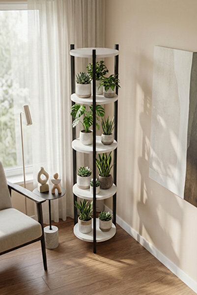 Retodesign 5 RAFLI ÇAM YUVARLAK ÇİÇEKLİK VE KİTAPLIK VE ÇOK AMAÇLI RAF 2550