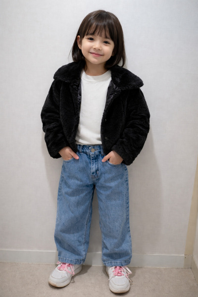 ÖZNUR Kız Çocuk Siyah ve pembe Peluş Ceketli üçlü Takım