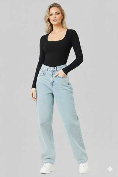 NWC Women's Ice Blue Snow Wash Stretch Fabric Super High Waist Loose Jean Leg...