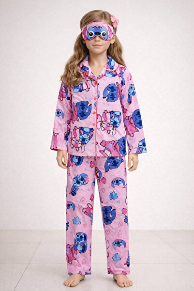 pistyle Girl's Stitch Patterned Sleep Band Pink Purple Long Sleeve Pajama Set