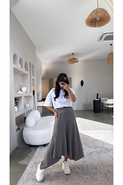 Buket Teke Stone Gray Thessaloniki Zr Model Buttoned Skirt