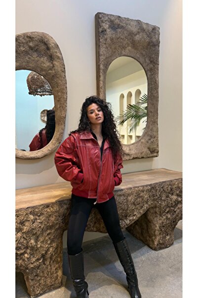 AYŞENUR DİNÇER Vintage Bomber Deri Ceket Kırmızı
