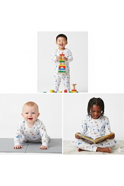 Anne&Bebek Devrez طقم بيجامة من القطن الممشط بنقشة الديناصورات باللون الأزرق