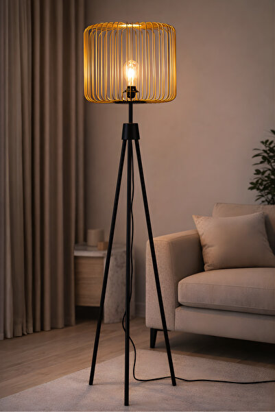 Bahar Aydınlatma 3 Ayaklı Gold Metal Başlıklı Siyah Dekoratif Lambader