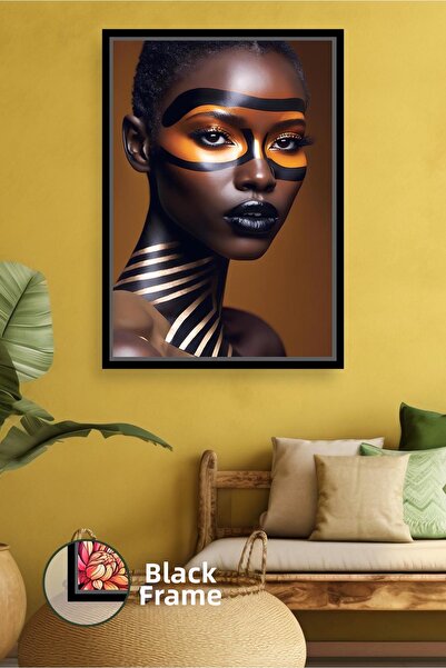 KOSS Dijital Portret de femeie africană cu mască de aur negru, cu linie detal...