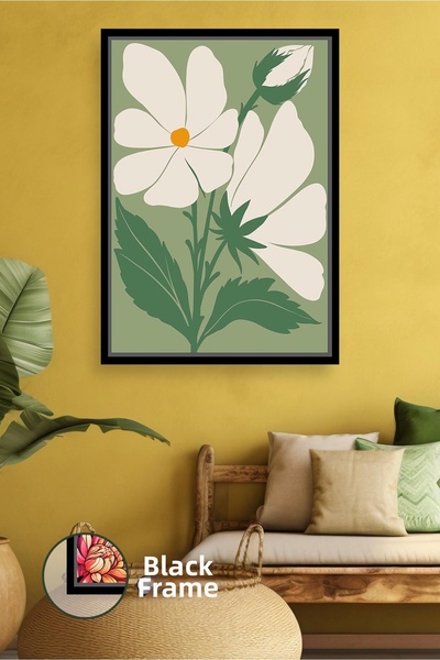 KOSS Dijital Decor de perete boho cu flori albe pe fundal verde, pictură pe p...