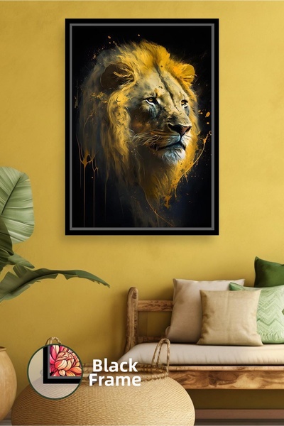 KOSS Dijital Pictură pe pânză înrămată, în ton auriu, cu fundal negru de leu,...