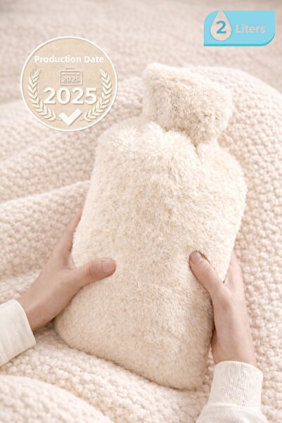 Ecuy Hot Water Bag Warm Water Bag with Soft Plush Cover 2L. Capacity Washable Cover Cream