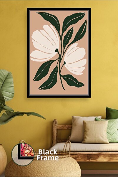 KOSS Dijital Pictură de perete cu flori albe pe fundal bej, cu detalii de fru...