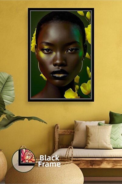 KOSS Dijital Portret de femeie africană cu detalii de flori galbene, design d...